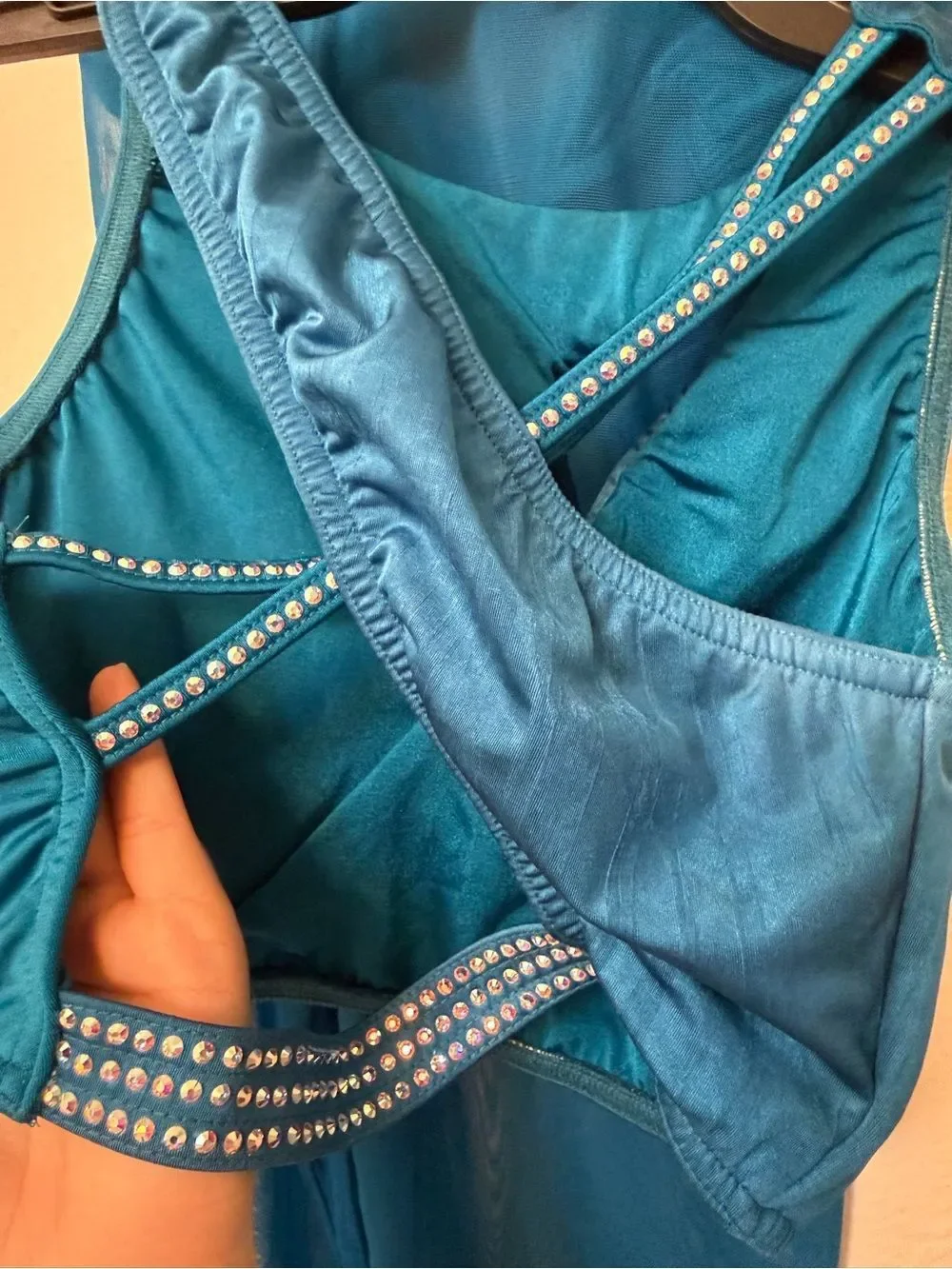 Kelle dance solo costume teal blue 2 piece custom rhinestone MA-Medium adult